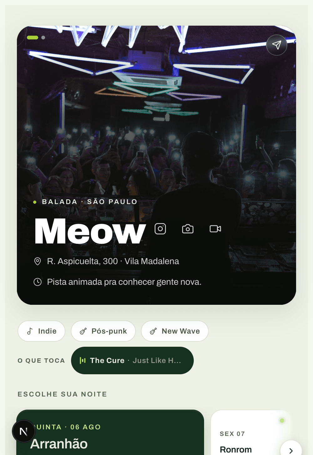 A página da casa Meow no celular: foto, gêneros, o que está tocando e a lista de noites